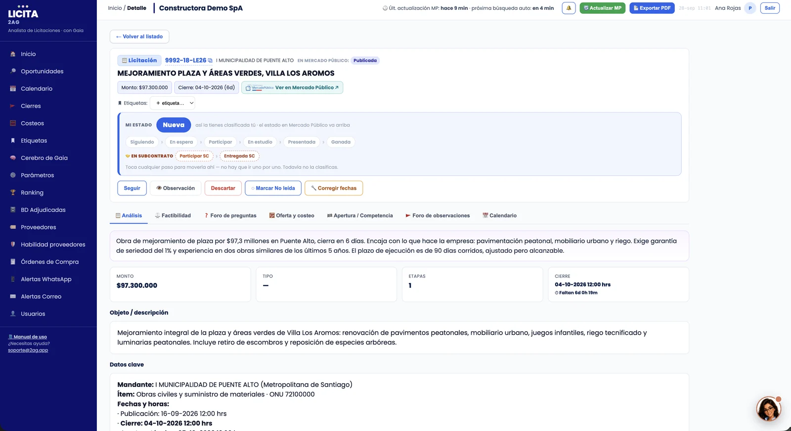 Ficha de una licitación con el resumen de Gaia, los datos clave y las pestañas de factibilidad, foro y apertura.